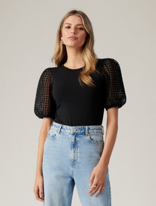 Ruby Embroidered Organza Sleeve Top Black