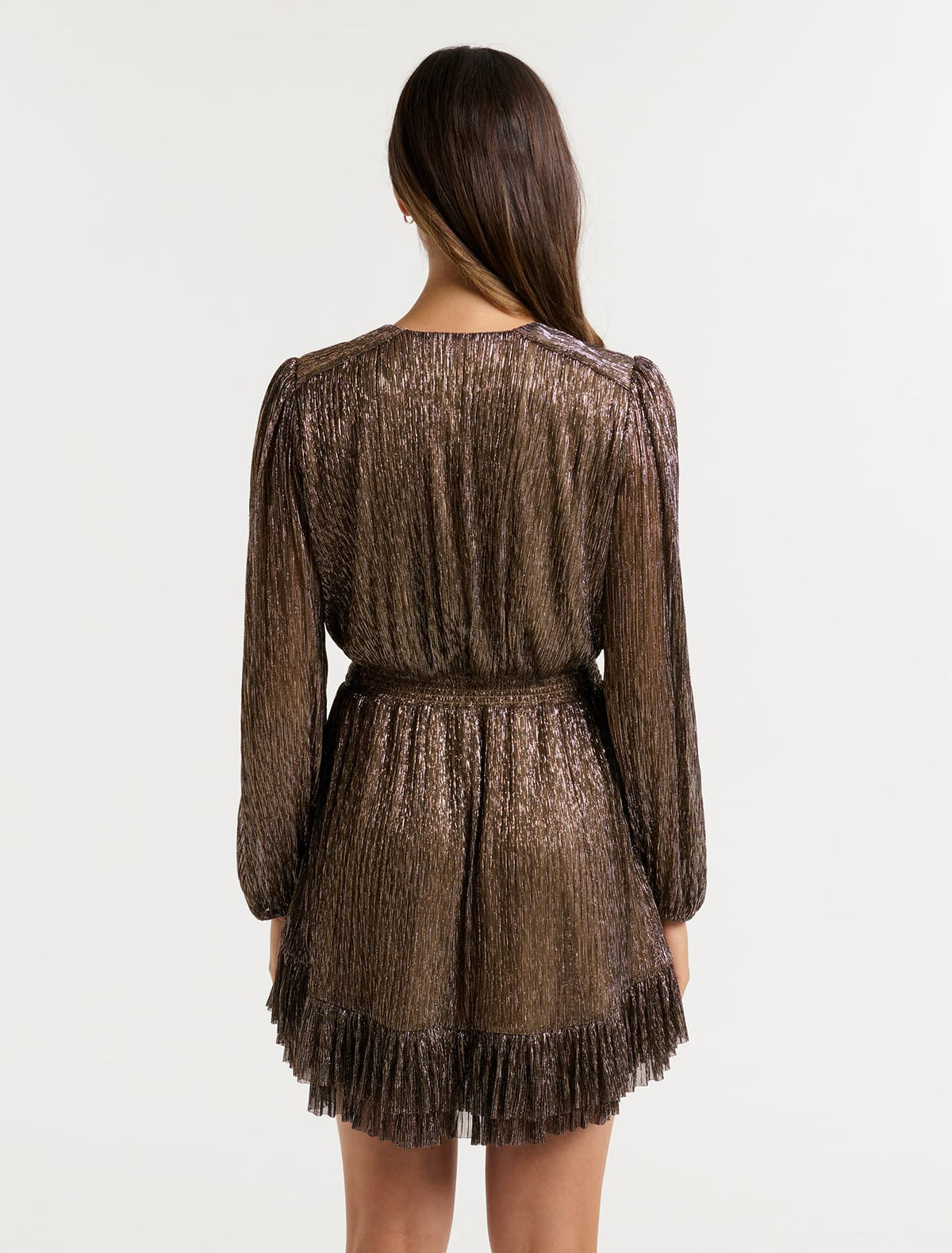 Goldie Long Sleeve Plisse Mini Dress Bronze