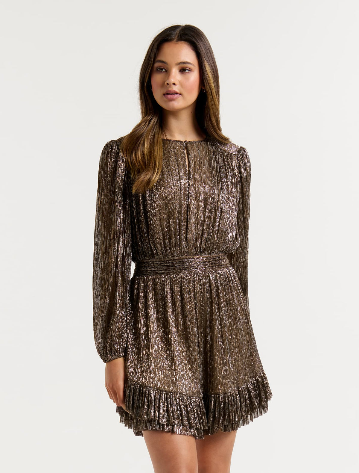 Goldie Long Sleeve Plisse Mini Dress Bronze