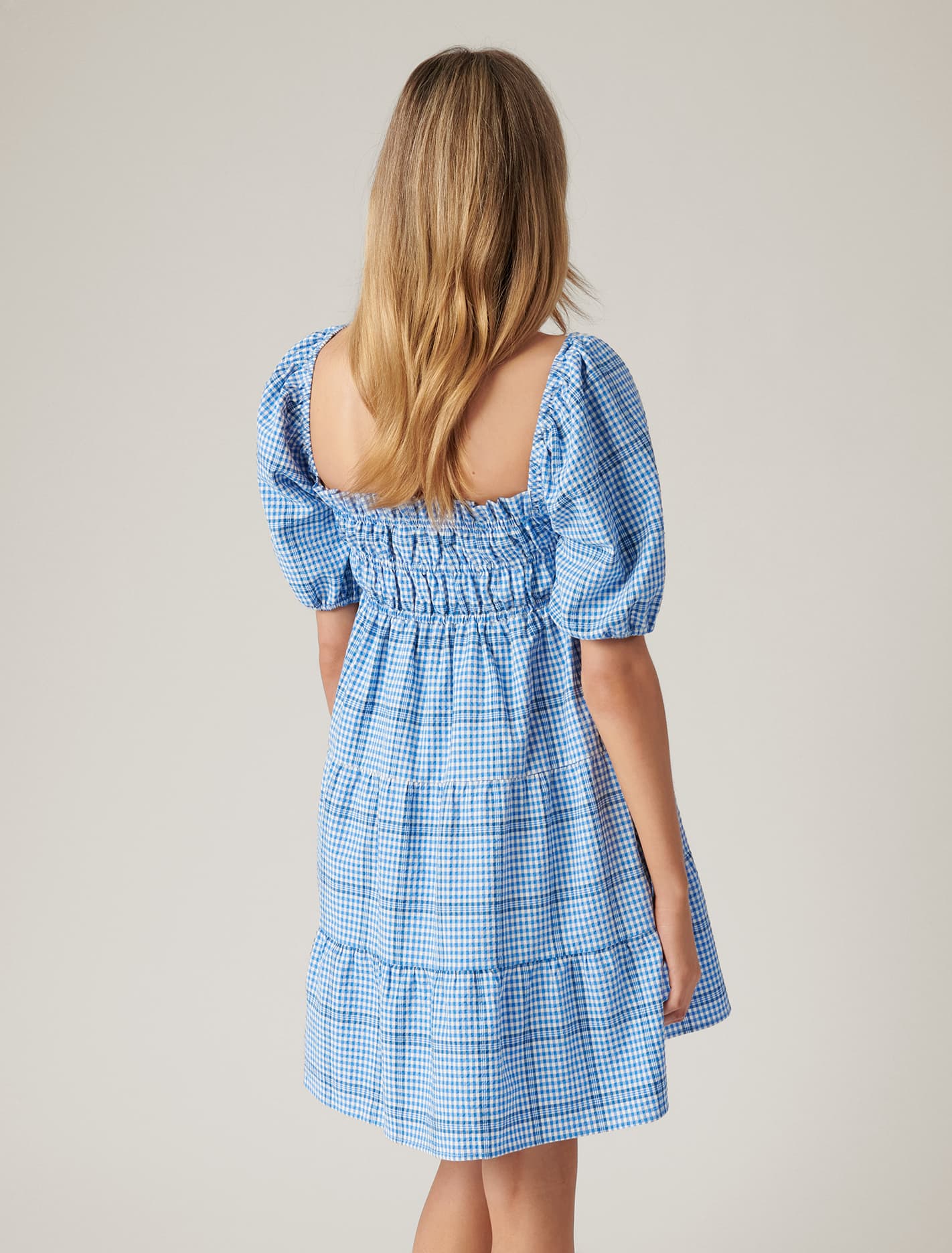 Andie Puff Sleeve Mini Dress Blue Check