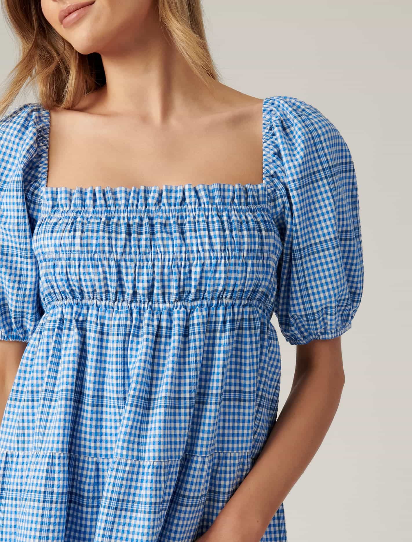 Andie Puff Sleeve Mini Dress Blue Check