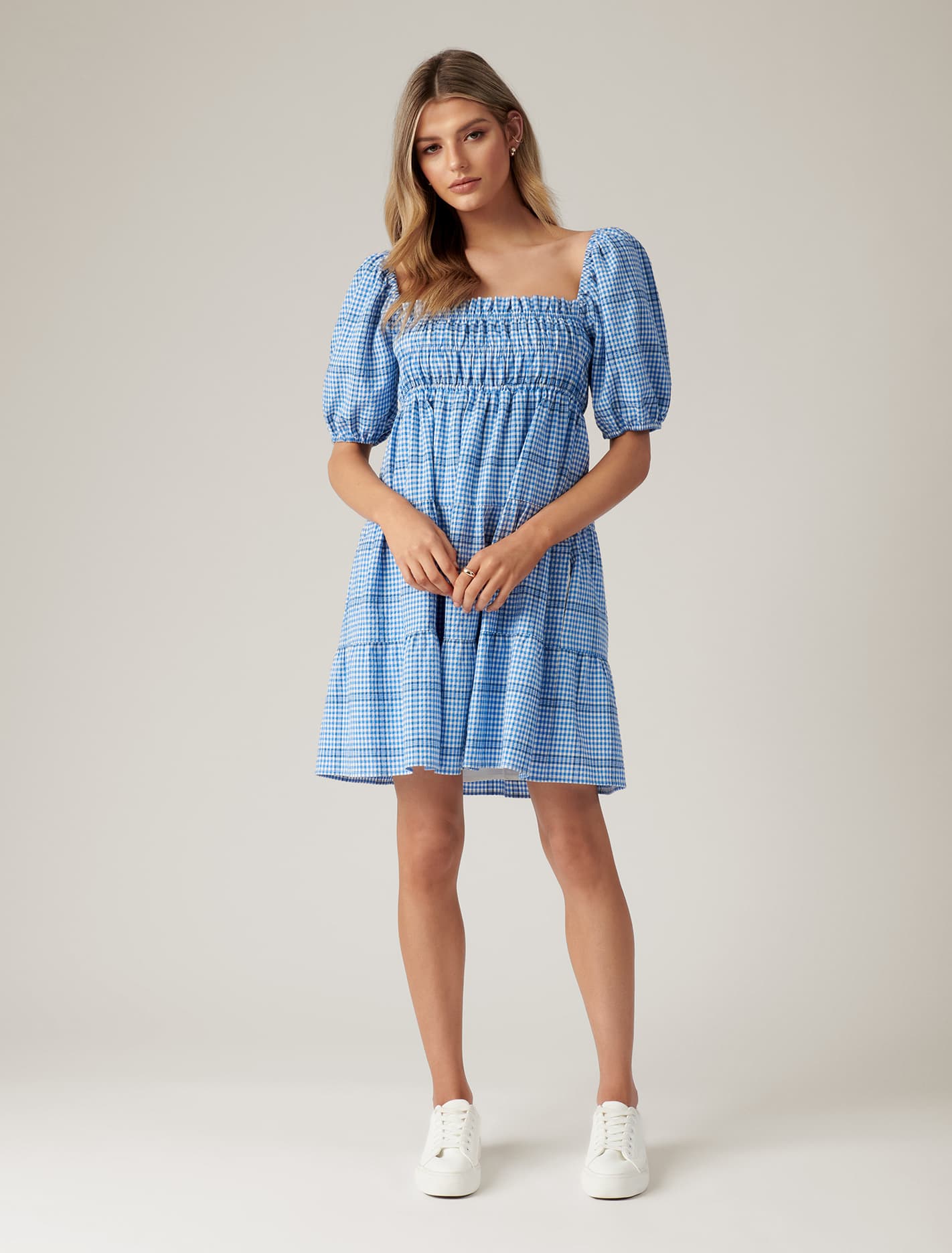 Andie Puff Sleeve Mini Dress Blue Check