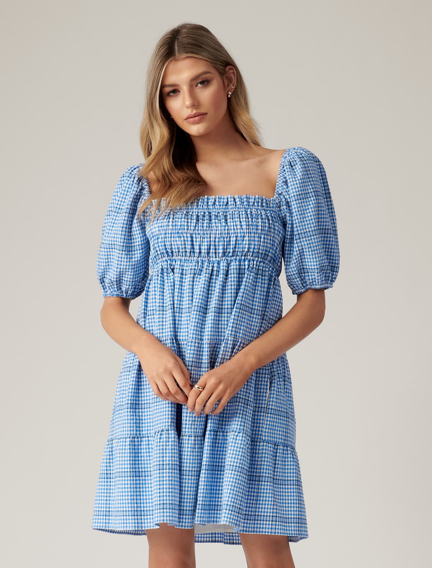 Andie Puff Sleeve Mini Dress Blue Check