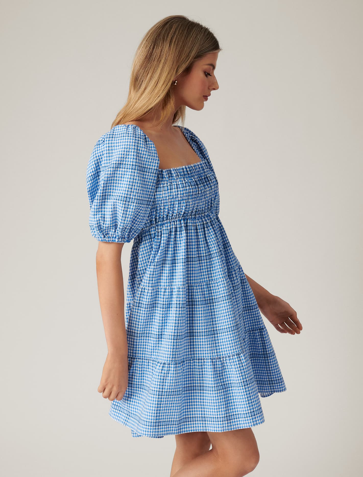 Andie Puff Sleeve Mini Dress Blue Check