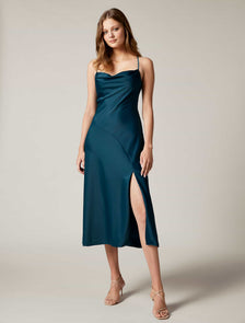 Opal Bias Cowl Satin Midi Dress Deep Teal