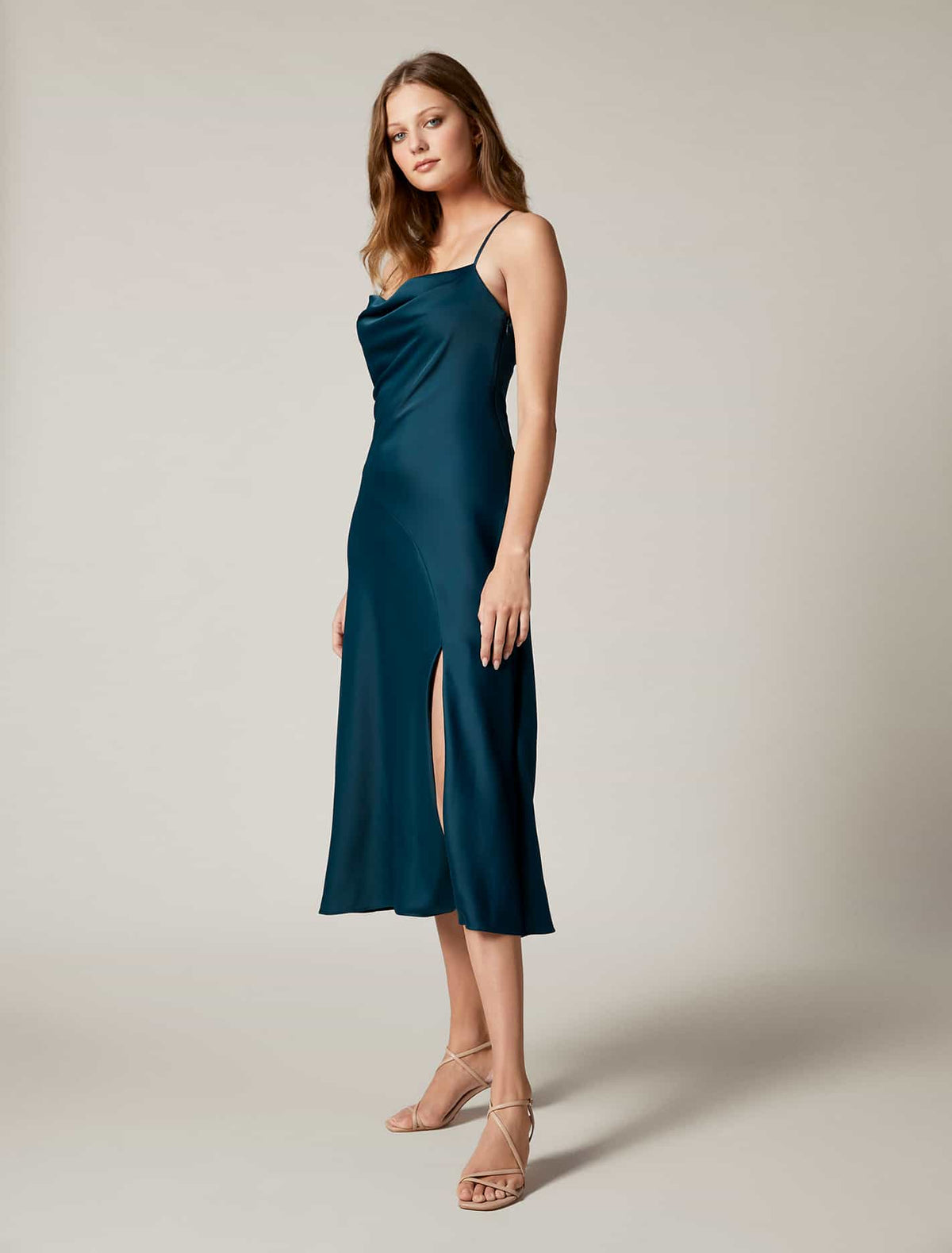 Opal Bias Cowl Satin Midi Dress Deep Teal
