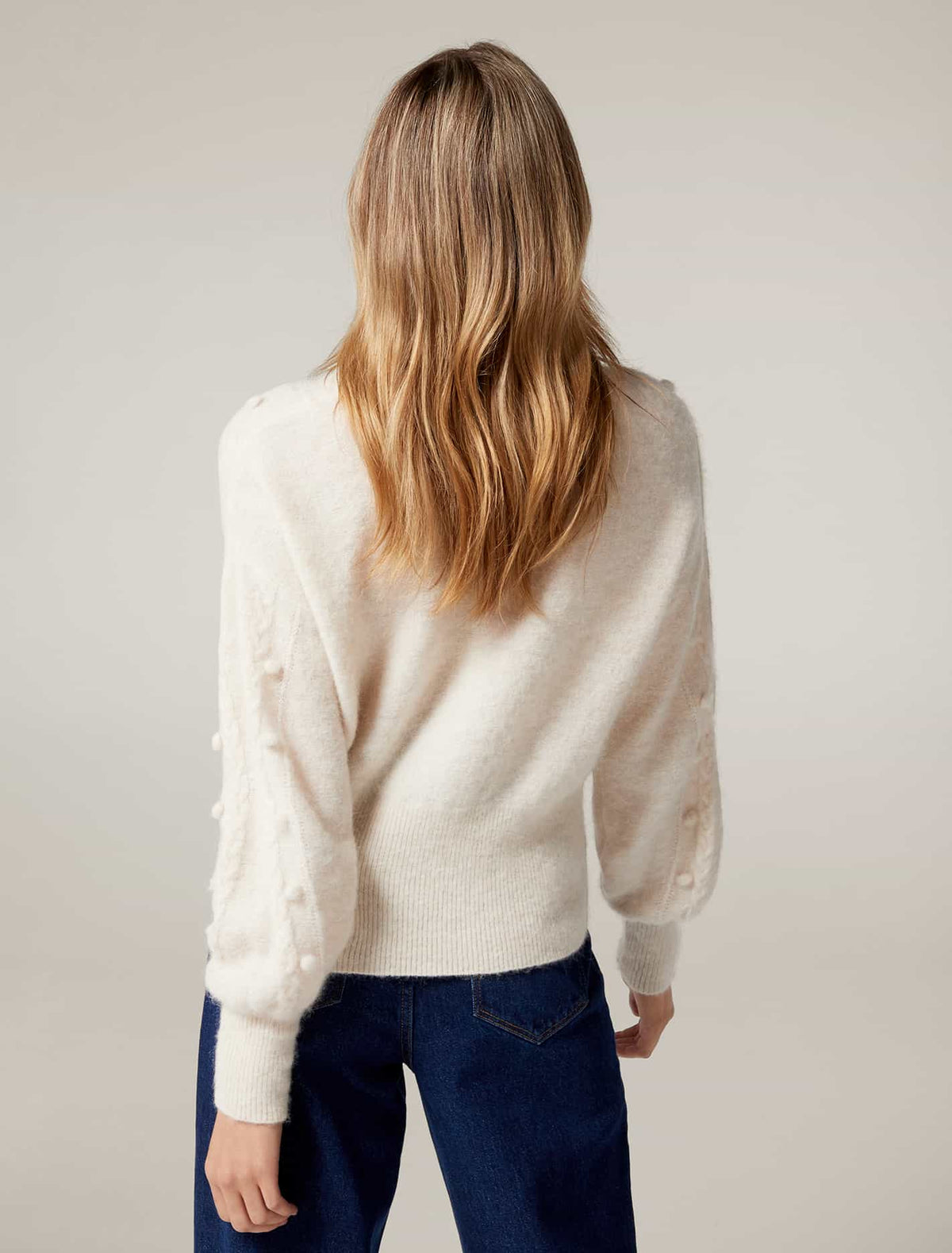 Leoni Cable Pom Pom Knit Cardigan Cream