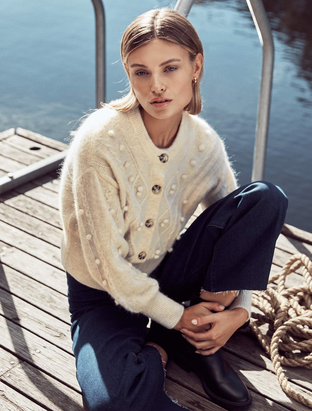 Leoni Cable Pom Pom Knit Cardigan Cream