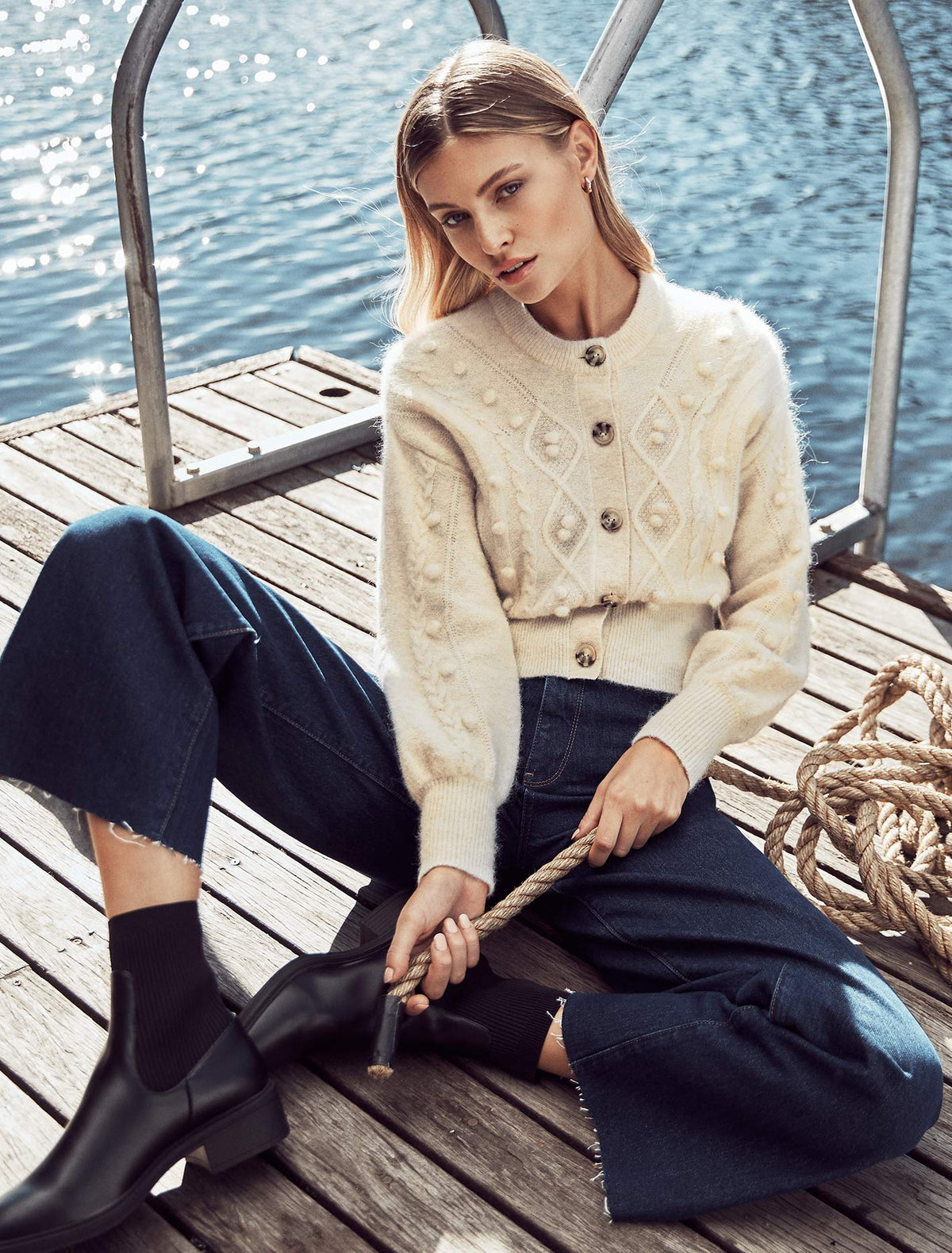Leoni Cable Pom Pom Knit Cardigan Cream