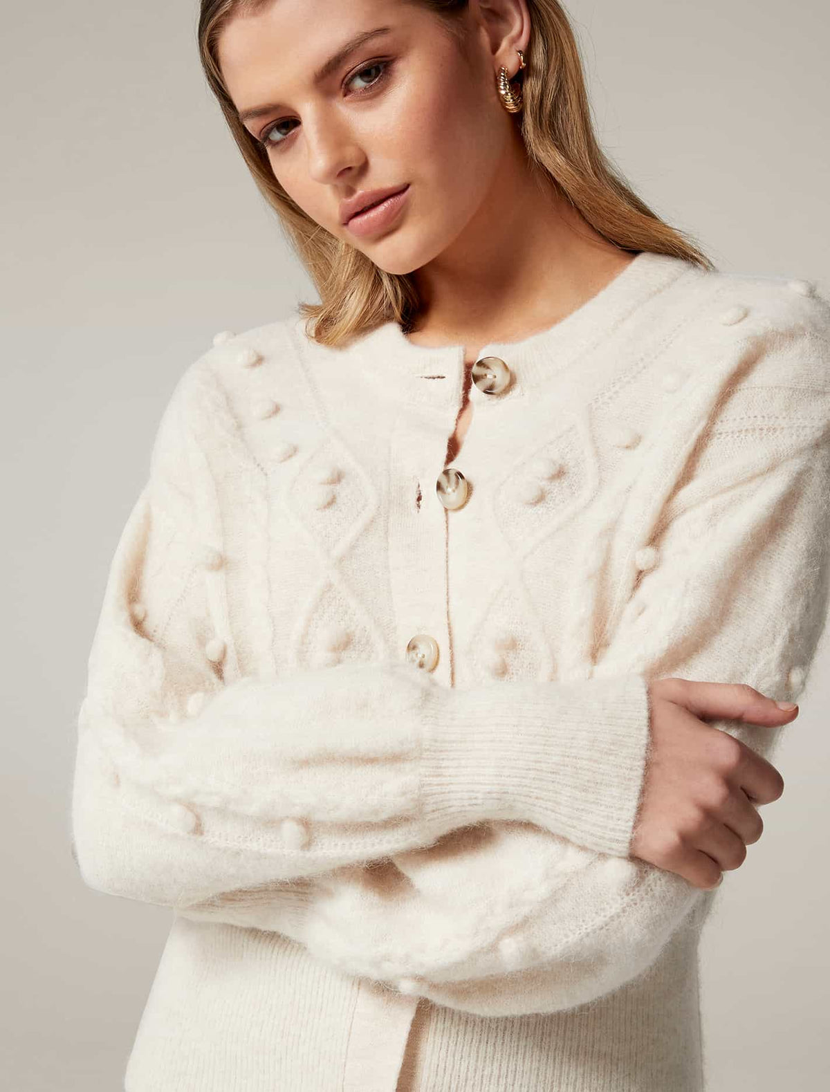 Leoni Cable Pom Pom Knit Cardigan Cream