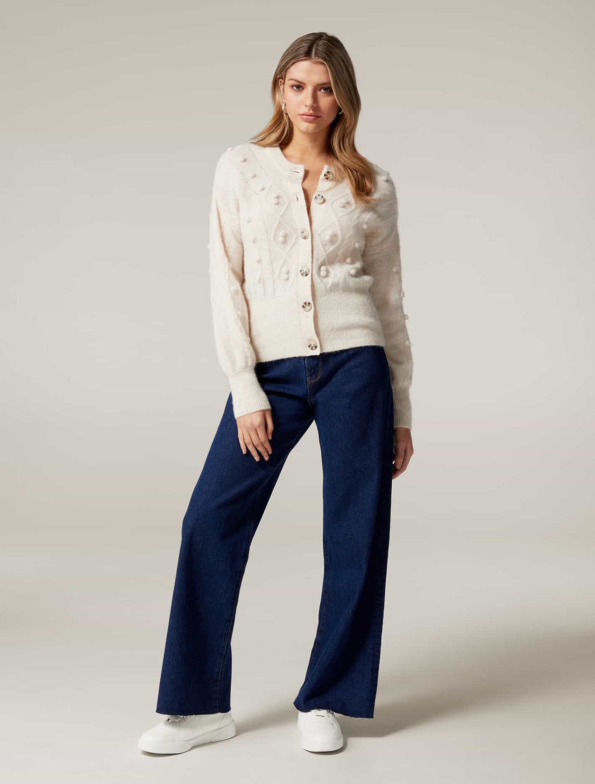 Leoni Cable Pom Pom Knit Cardigan Cream