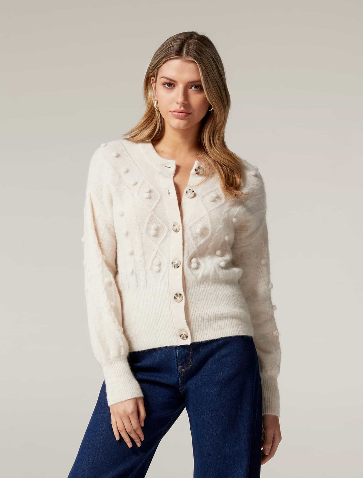 Leoni Cable Pom Pom Knit Cardigan Cream