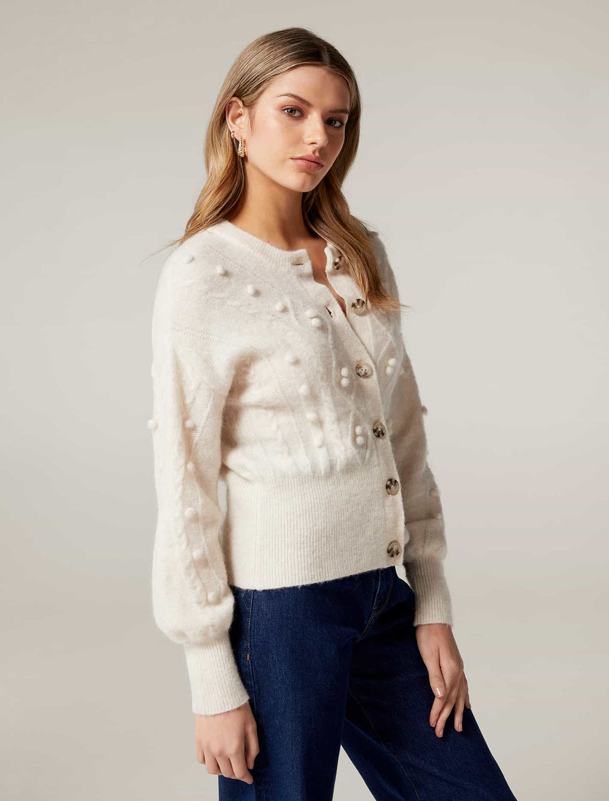 Leoni Cable Pom Pom Knit Cardigan Cream
