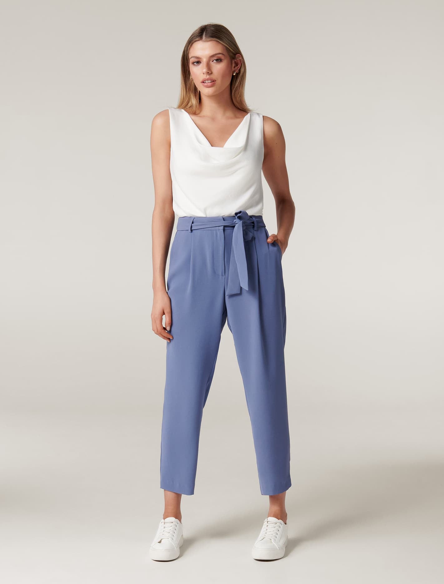 Penny Petite Tie Waist Slim Pants Workwear Blue