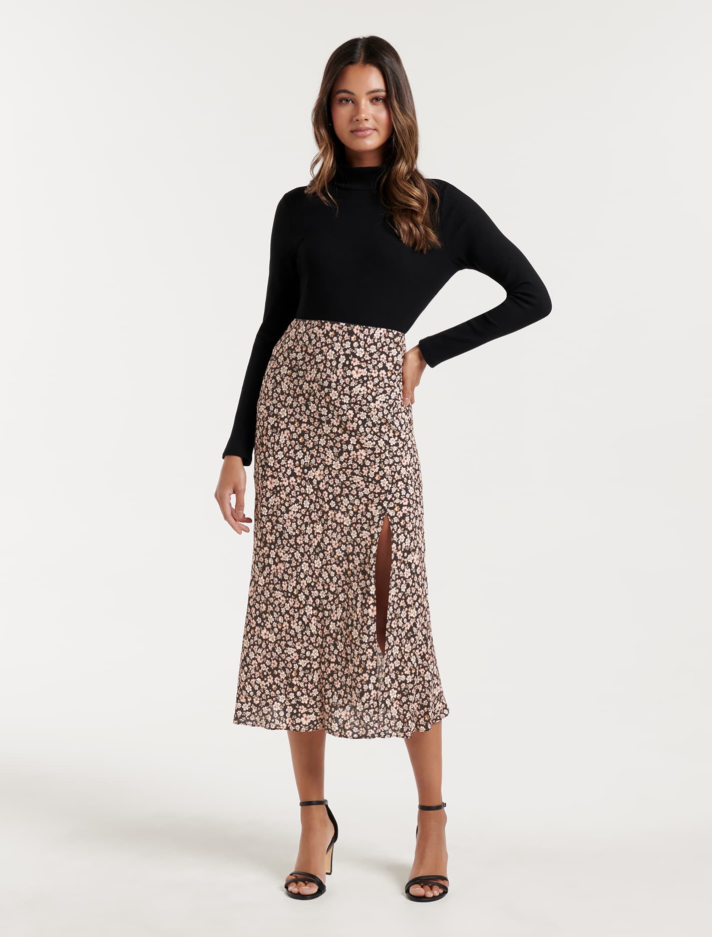 Blanca Petite Bias Split Midi Skirt Rose Cremorne Ditsy