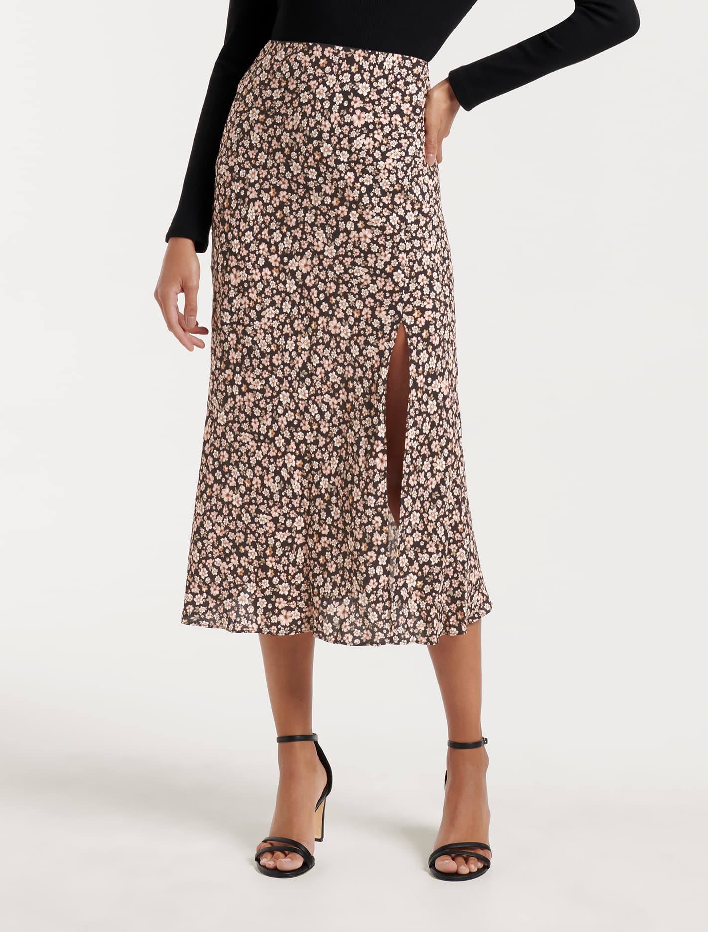 Blanca Petite Bias Split Midi Skirt Rose Cremorne Ditsy