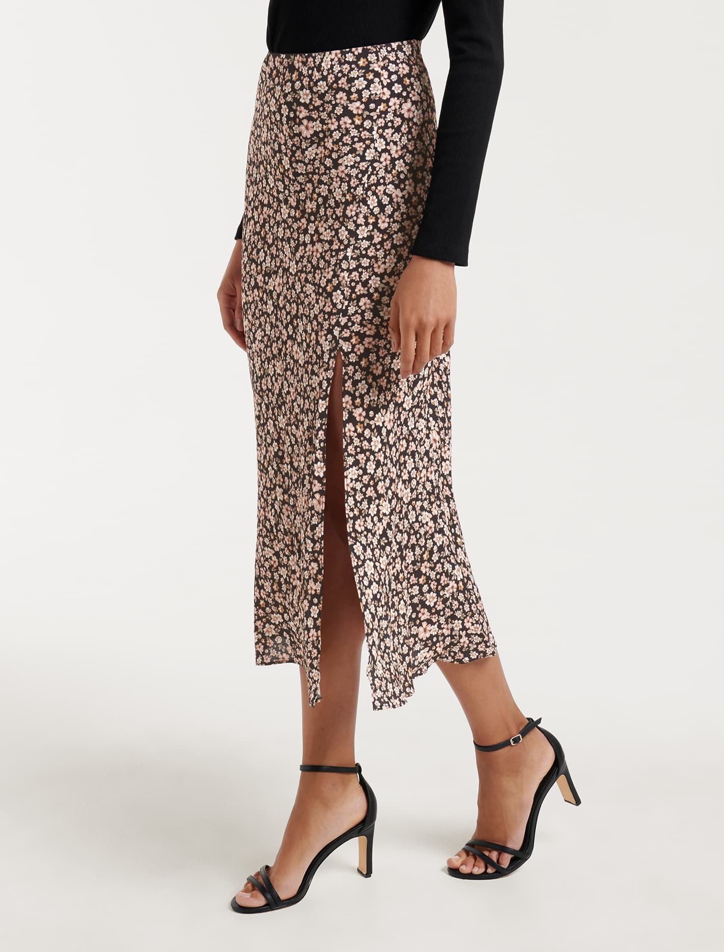 Blanca Petite Bias Split Midi Skirt Rose Cremorne Ditsy