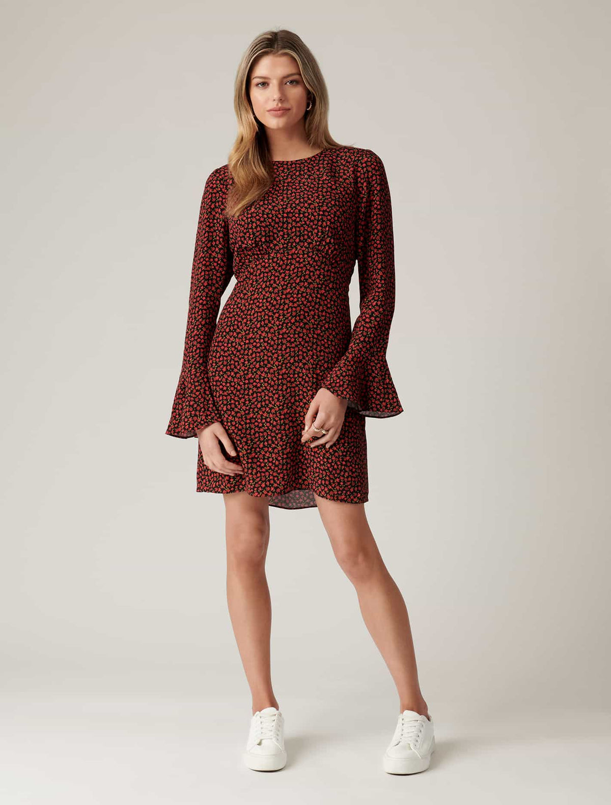 Aspen Flare Sleeve Mini Dress Cranberry Ditsy