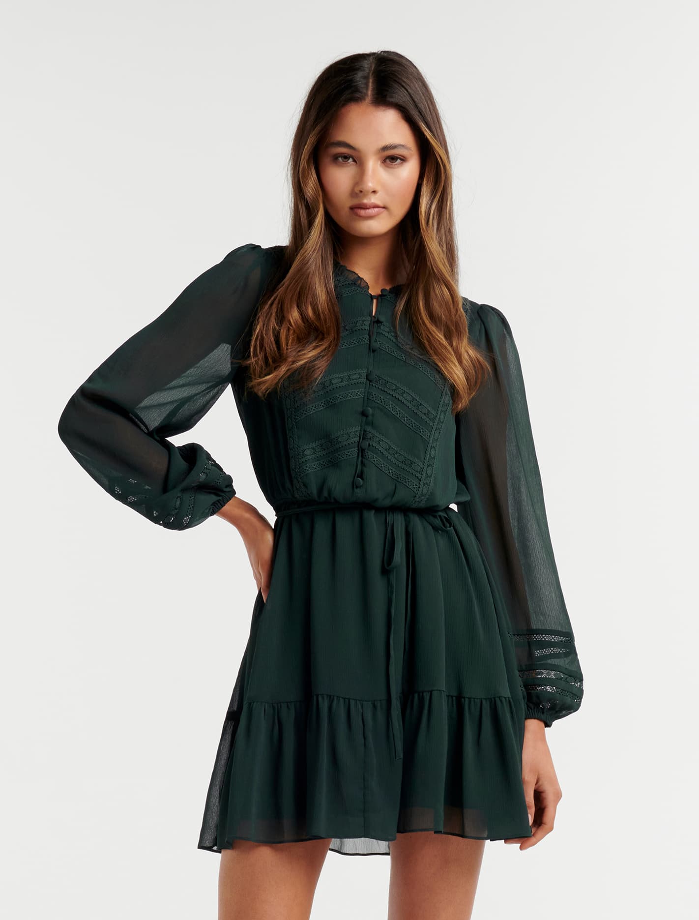 Fleur Lace Insert Skater Dress Green