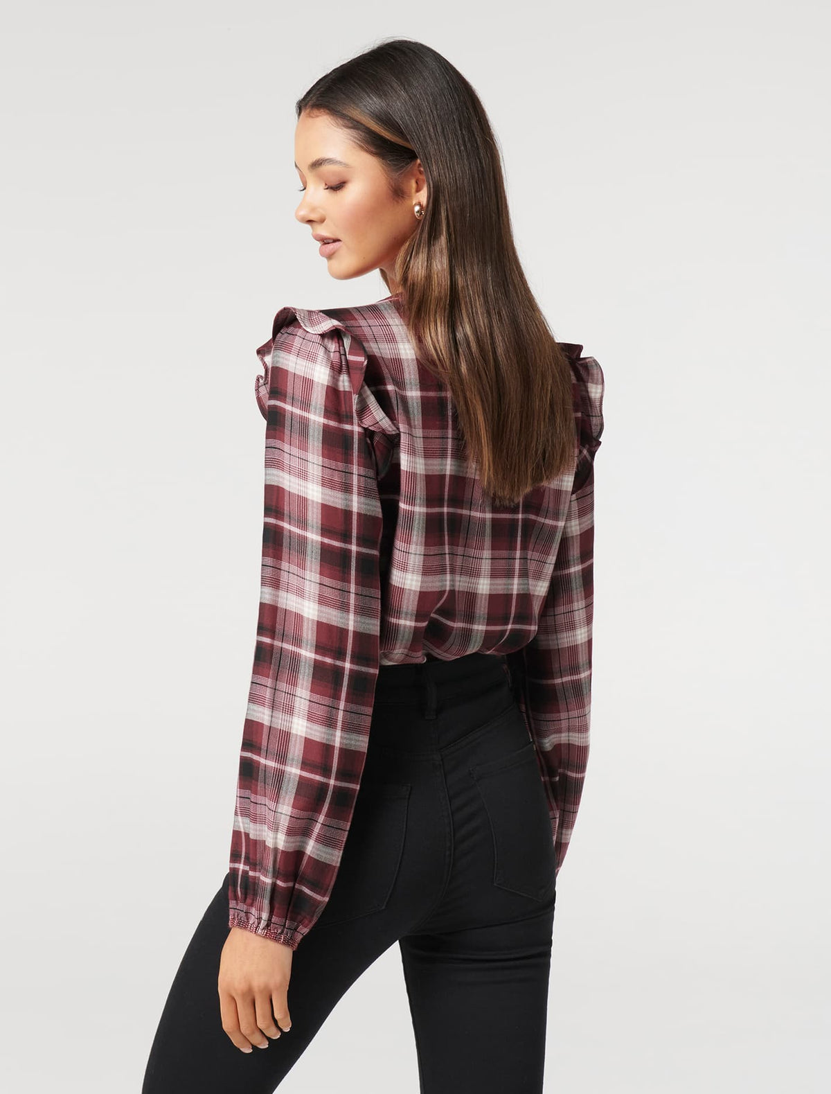 Amy Checked Frill Shoulder Blouse Cabernet Check