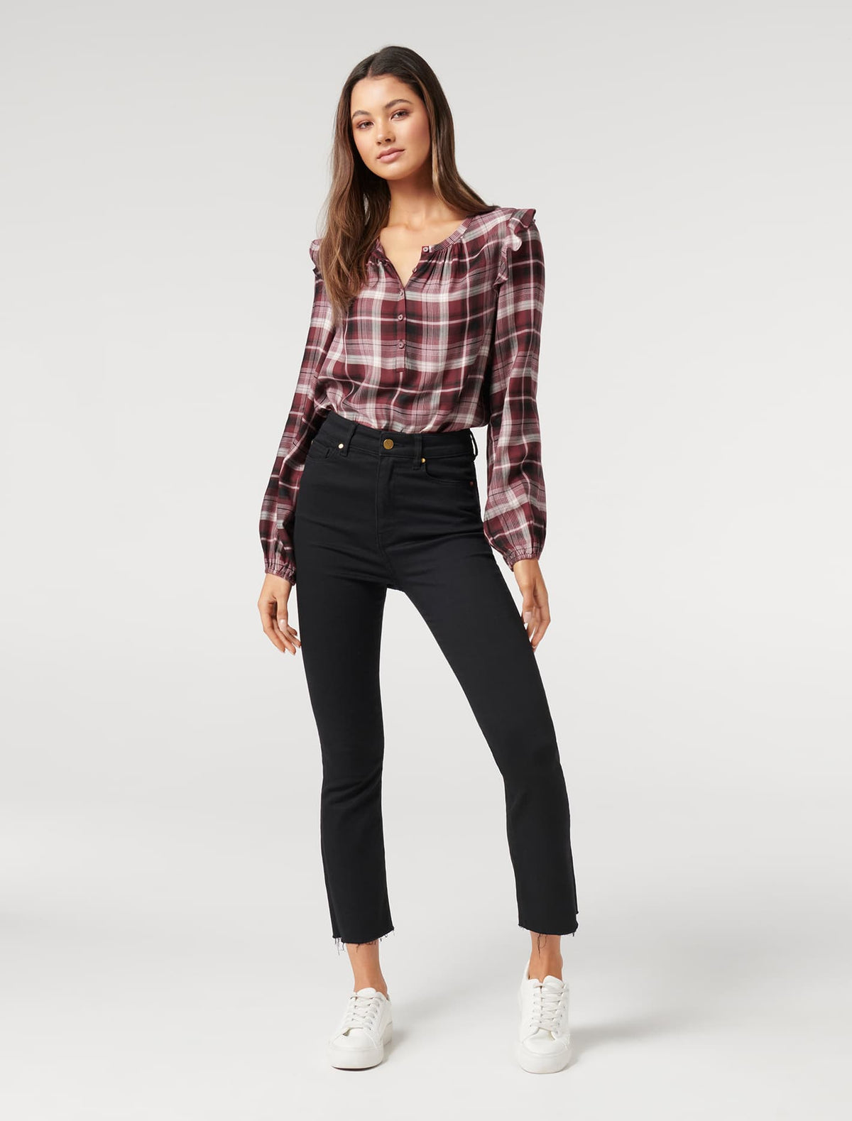Amy Checked Frill Shoulder Blouse Cabernet Check