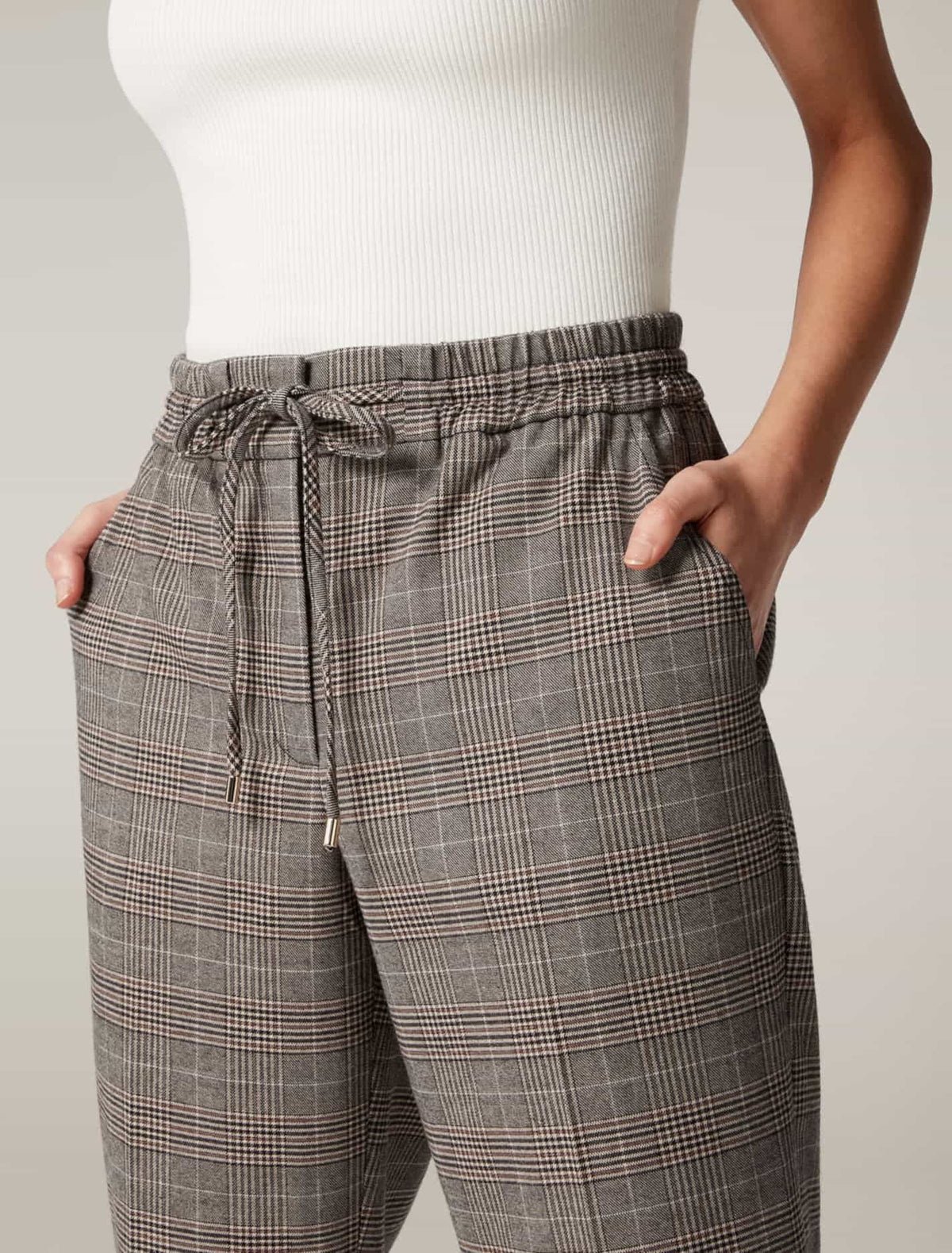Pia Tapered Leg Jogger Pants Brown Check
