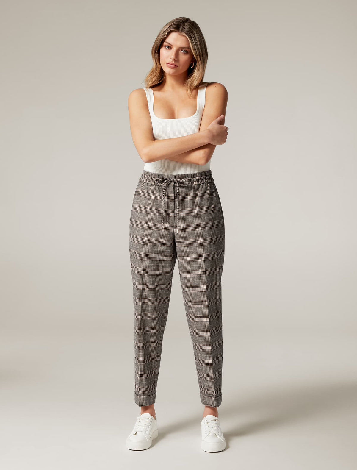 Pia Tapered Leg Jogger Pants Brown Check