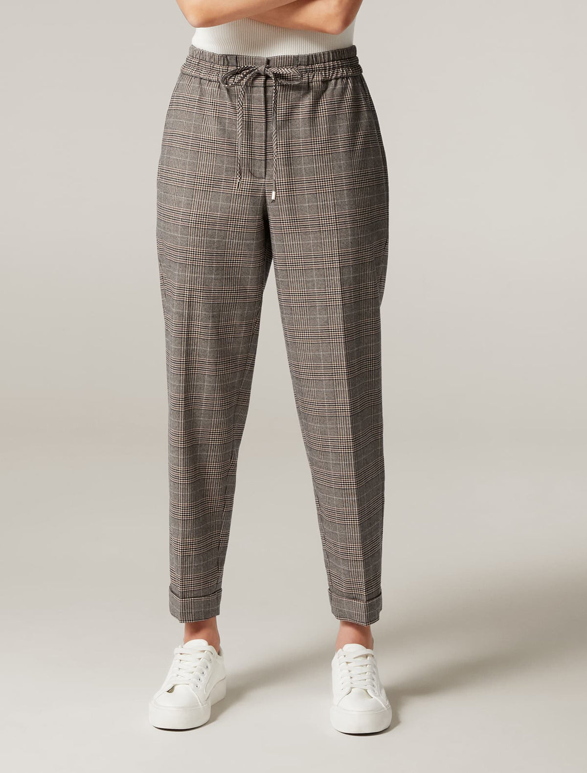 Pia Tapered Leg Jogger Pants Brown Check