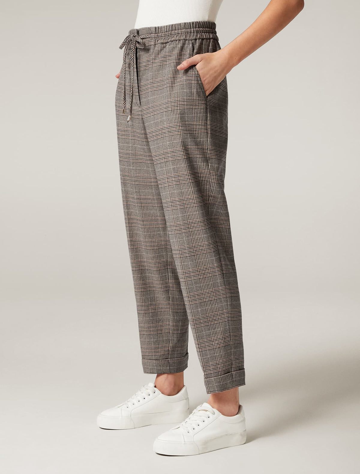 Pia Tapered Leg Jogger Pants Brown Check
