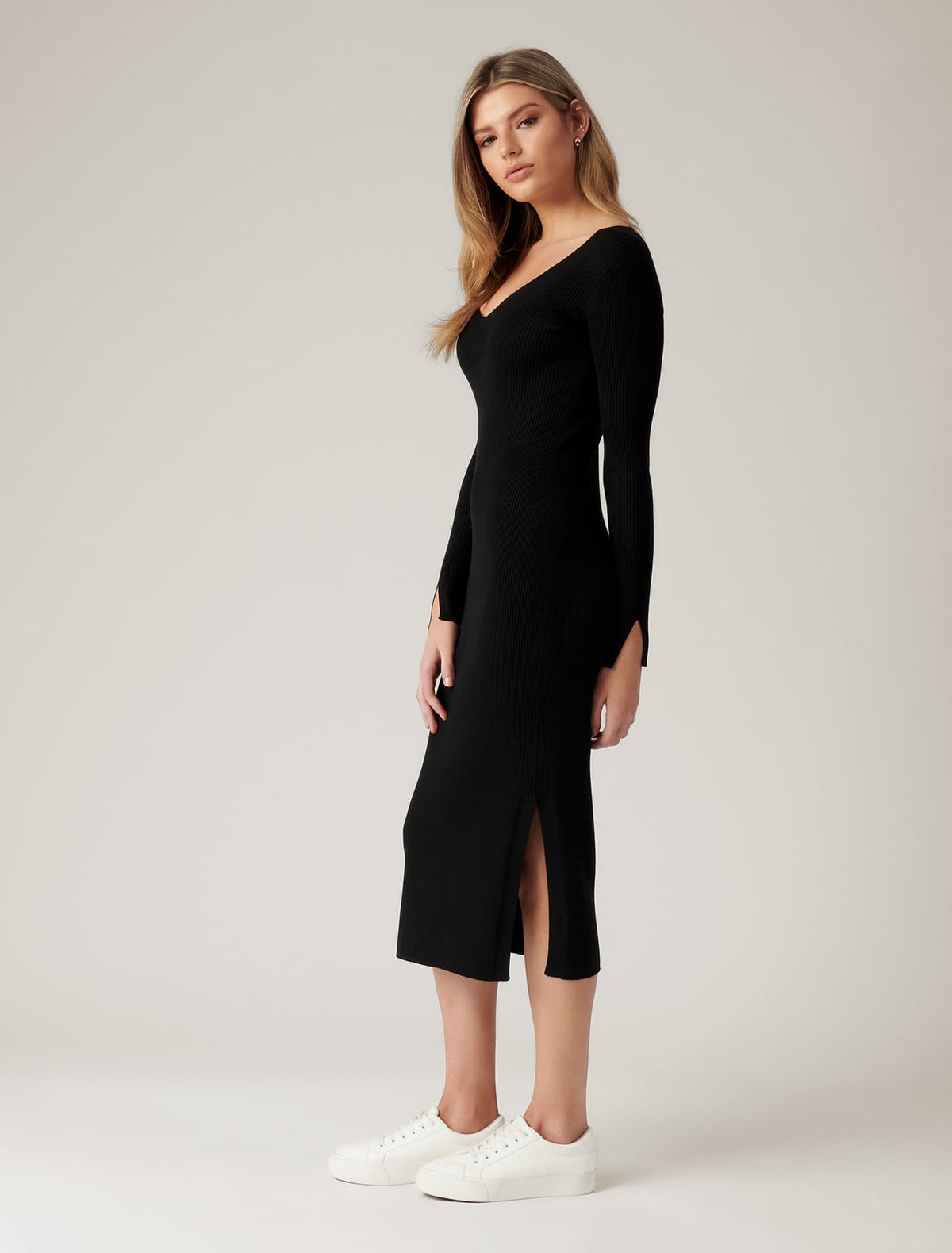 Kourtney V Neck Rib Knit Dress Black