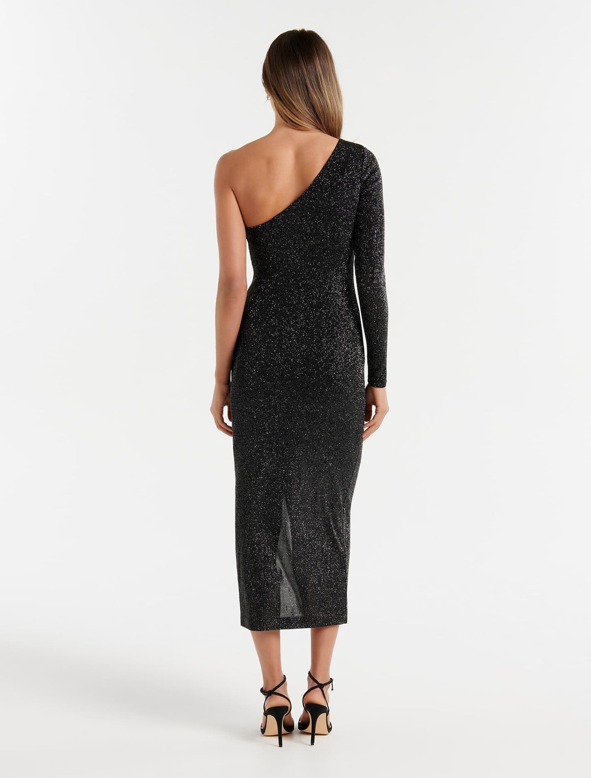 Mirabella One Shoulder Glitter Ruched Midi Black / Silver