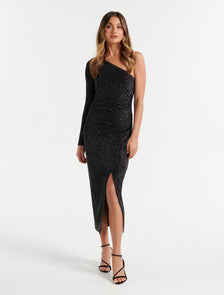 Mirabella One Shoulder Glitter Ruched Midi Black / Silver