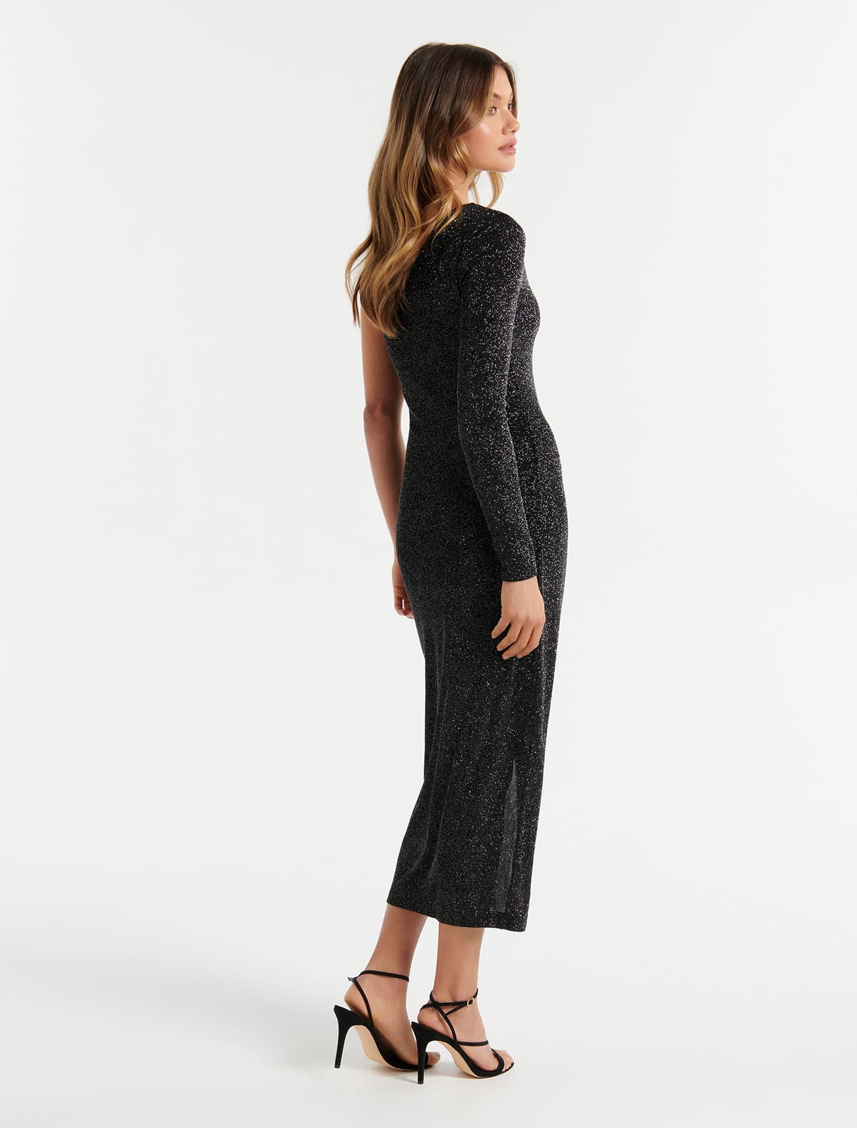 Mirabella One Shoulder Glitter Ruched Midi Black / Silver