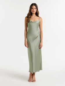 Chantelle Satin Drape Midi Dress Sage