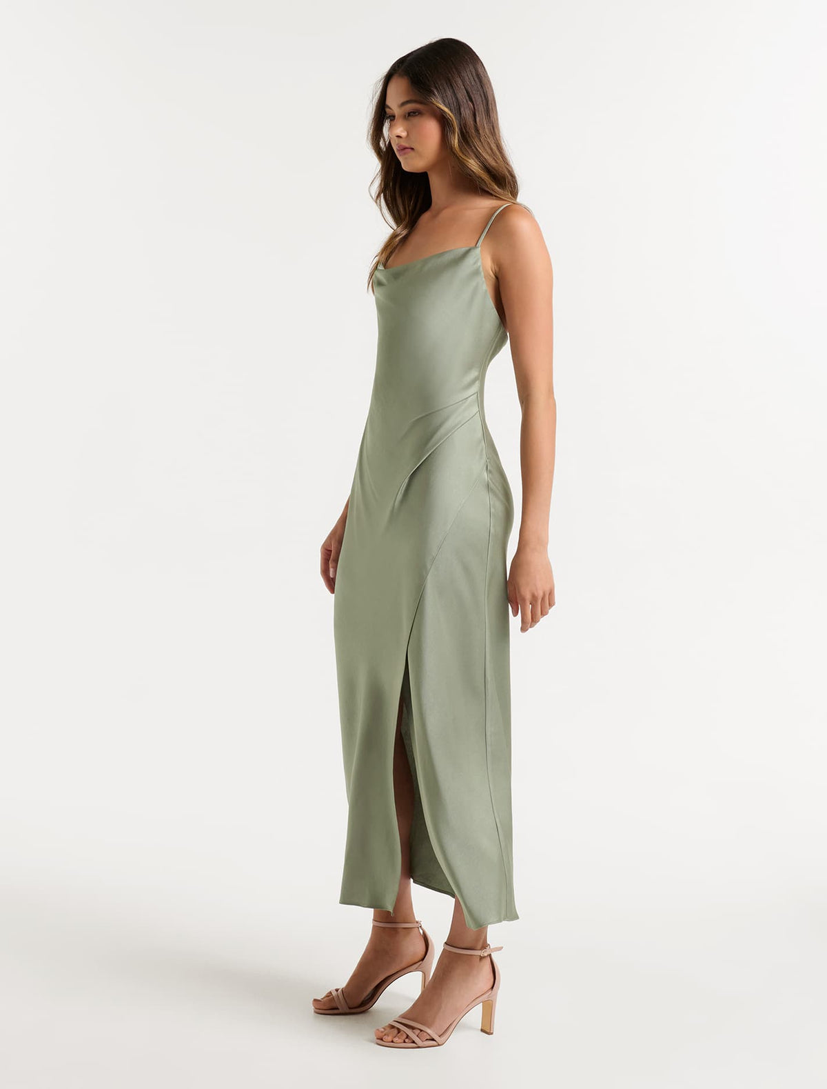 Chantelle Satin Drape Midi Dress Sage