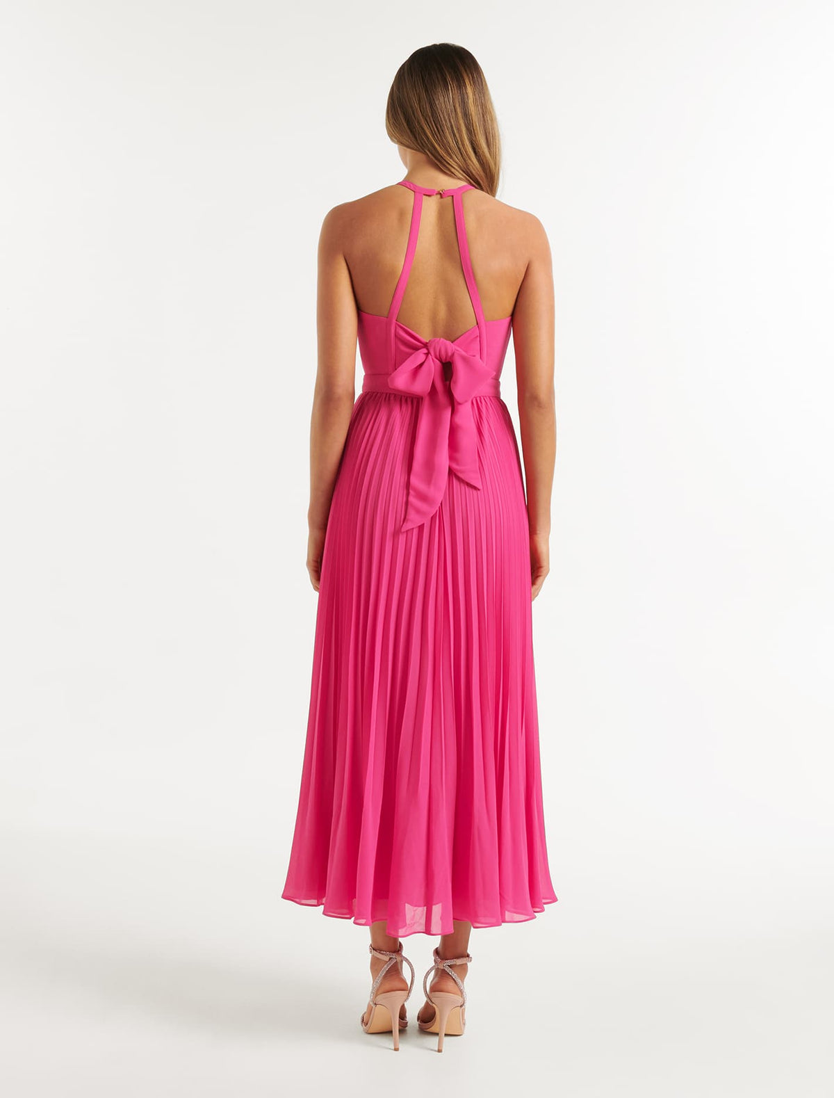 Gwenyth Pleated Halter Maxi Dress Fuchsia Pink