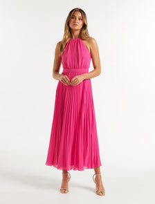 Gwenyth Pleated Halter Maxi Dress Fuchsia Pink