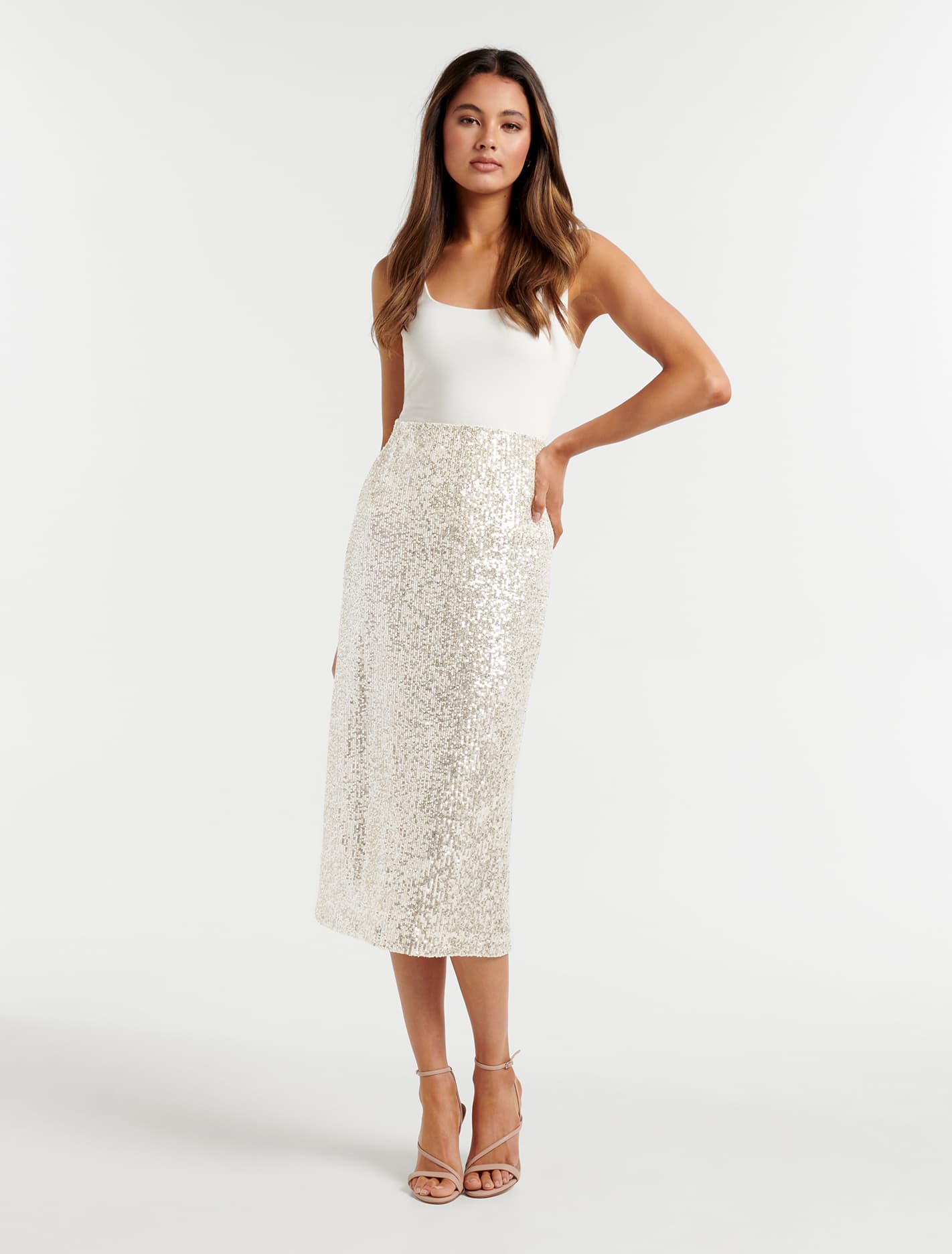Sophia Sequin Midi Skirt Silver