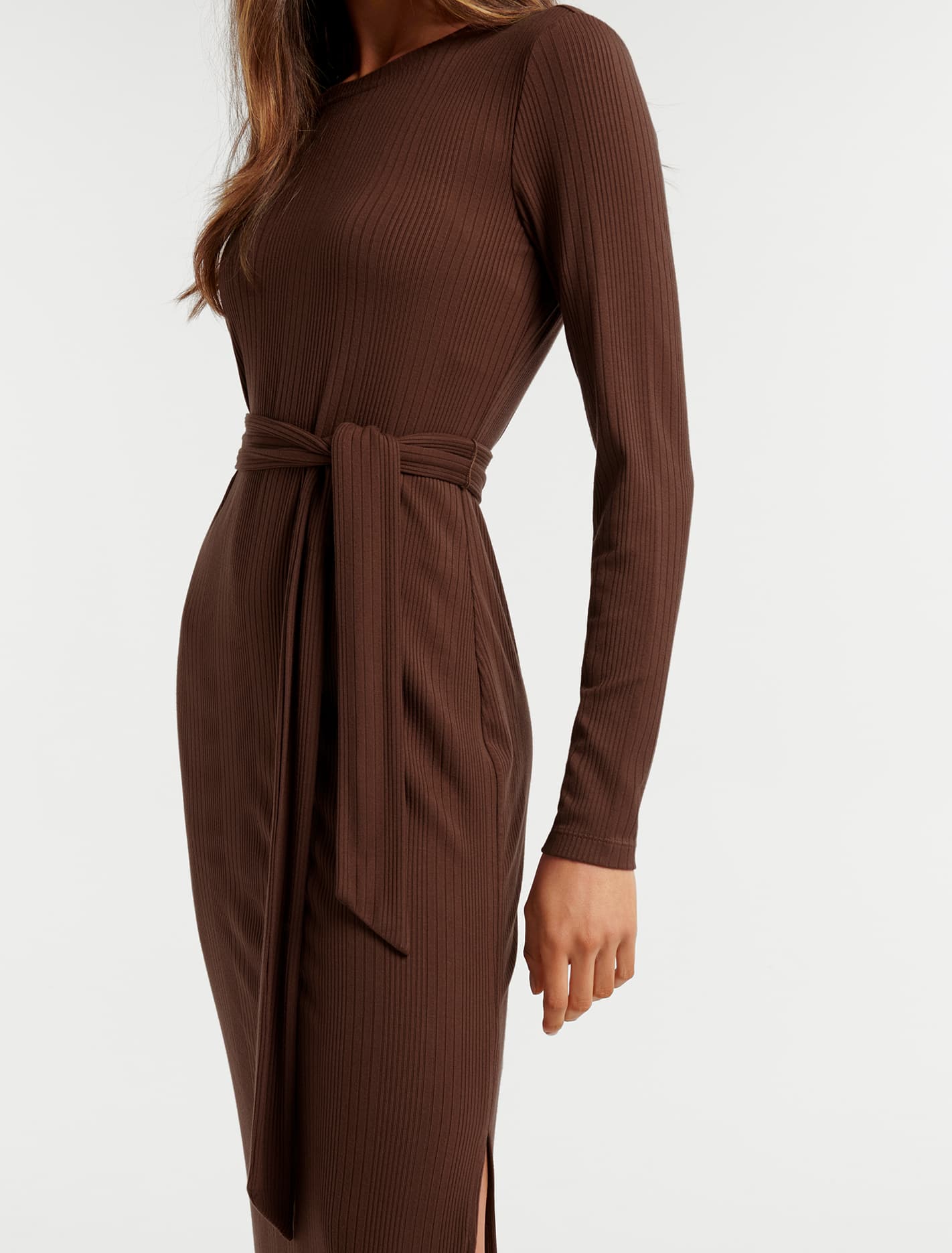 Scarlett Tie Rib Midi Dress Chocolate