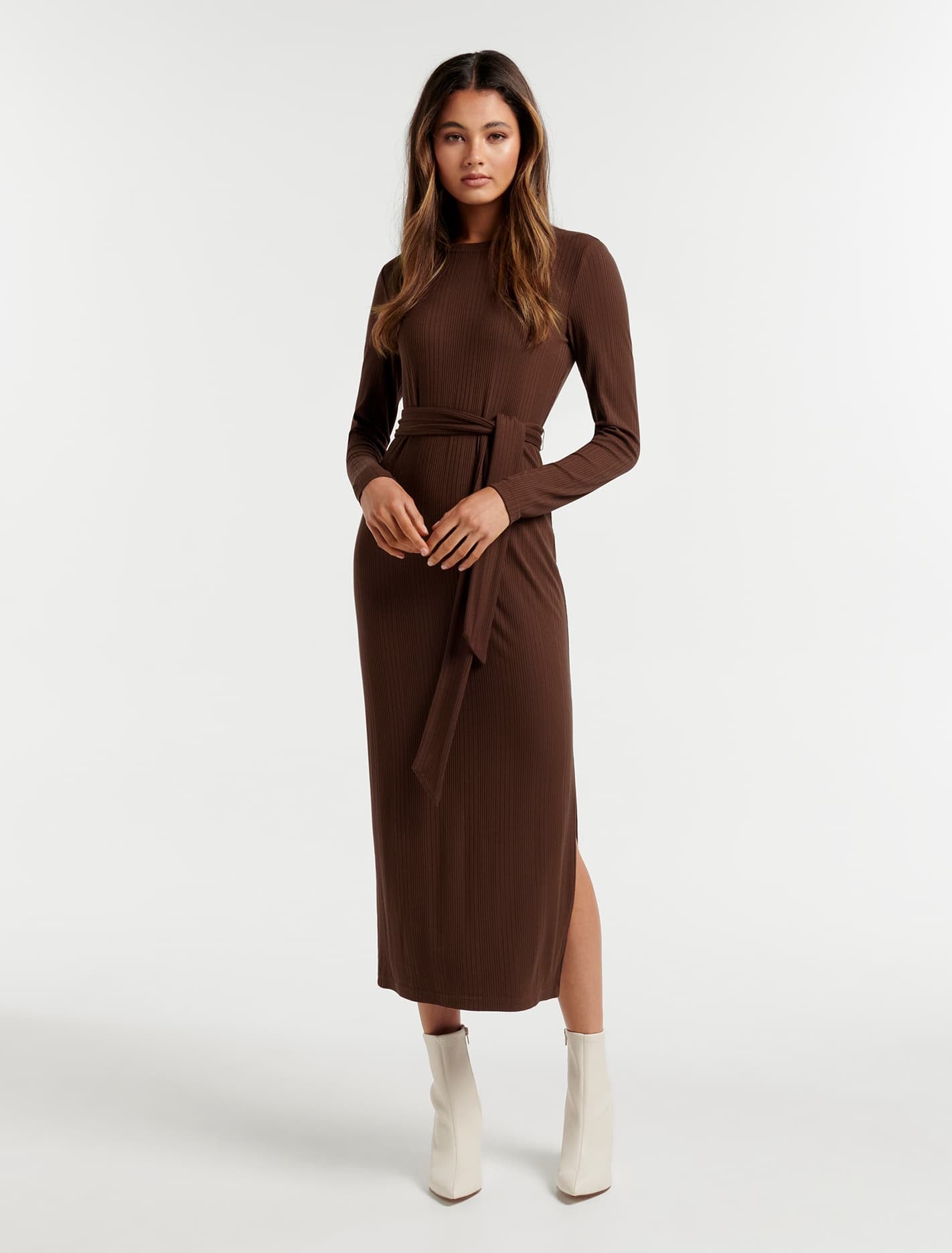 Scarlett Tie Rib Midi Dress Chocolate