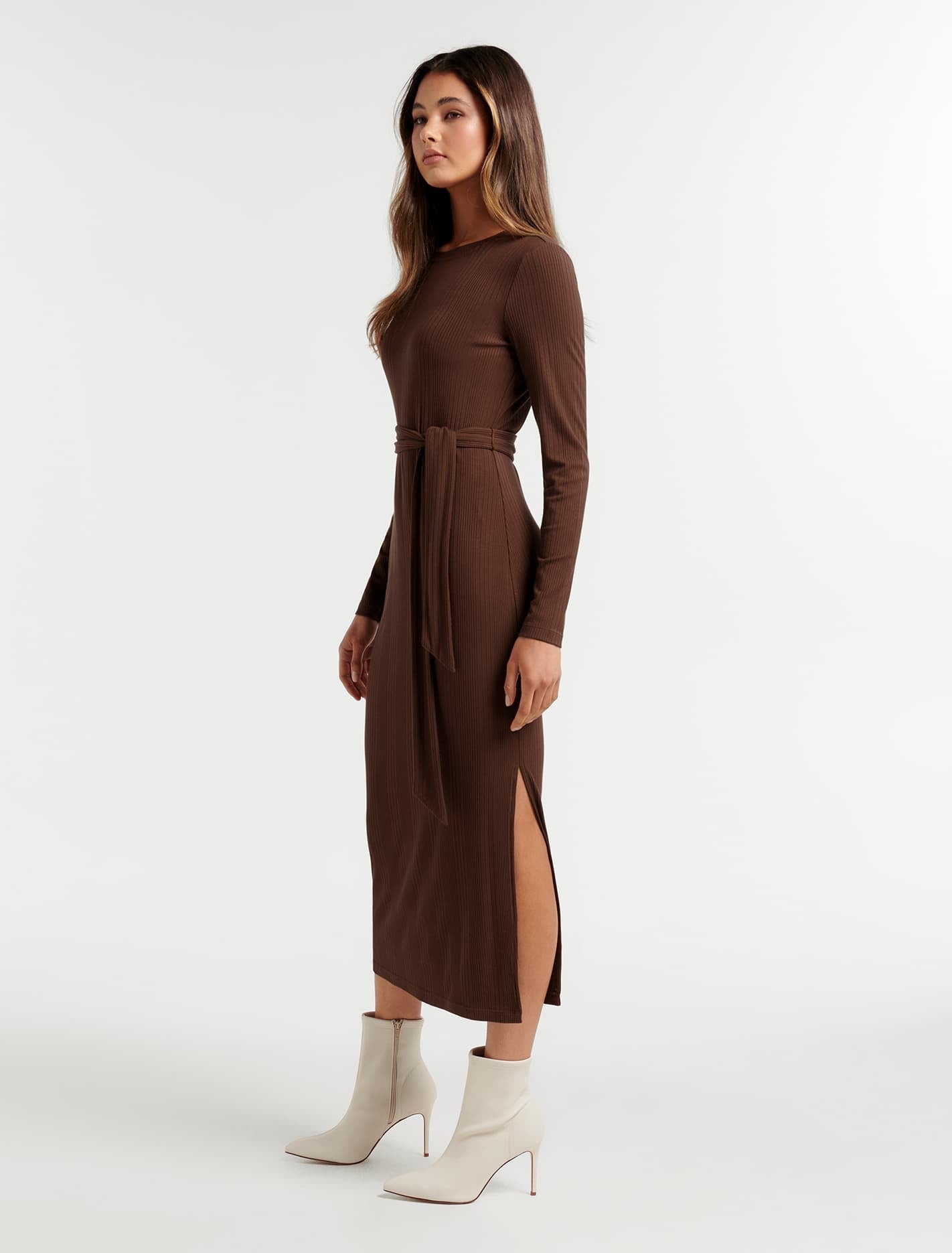 Scarlett Tie Rib Midi Dress Chocolate