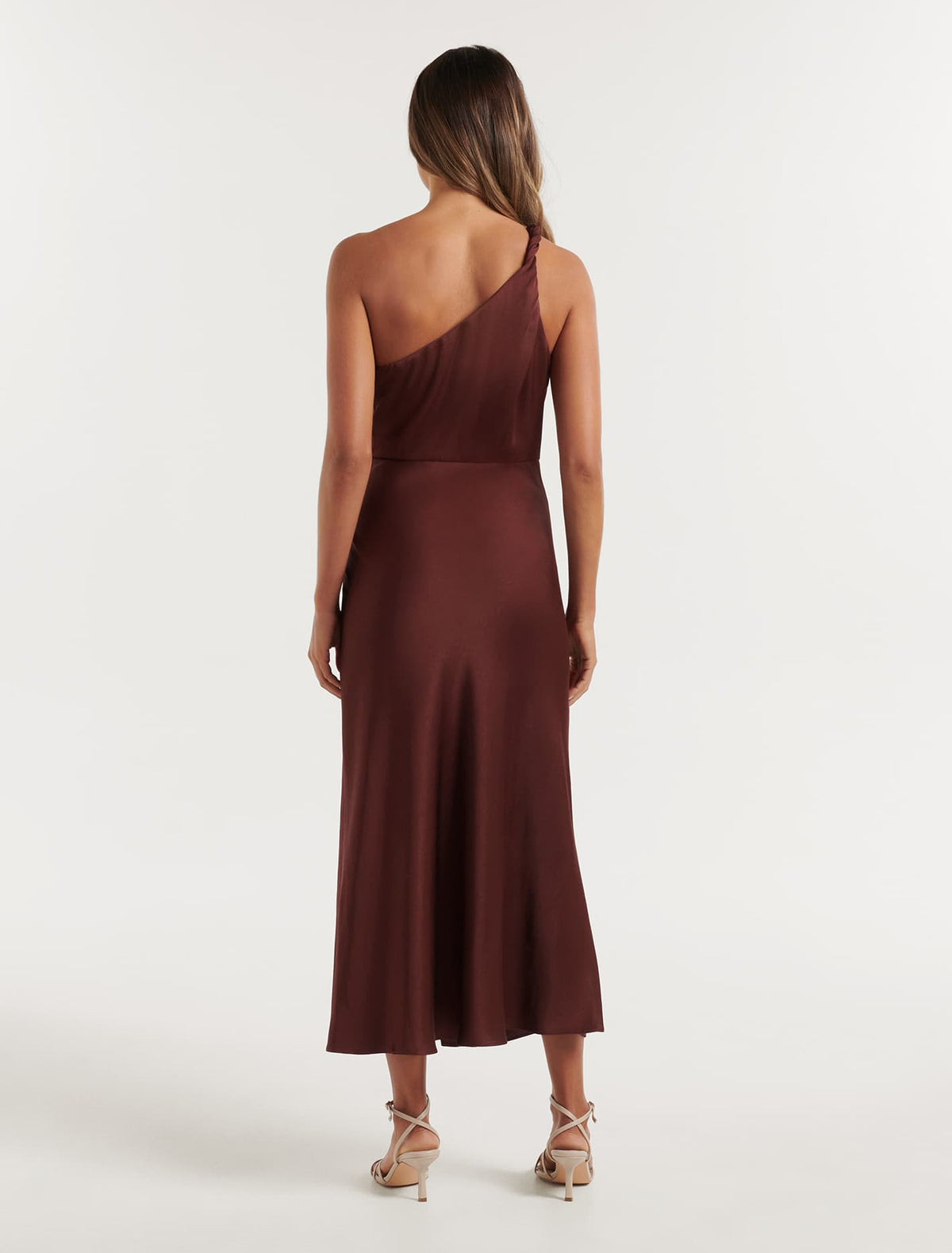 Shawna One Shoulder Satin Midi Dress Conker