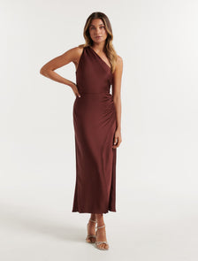 Shawna One Shoulder Satin Midi Dress Conker