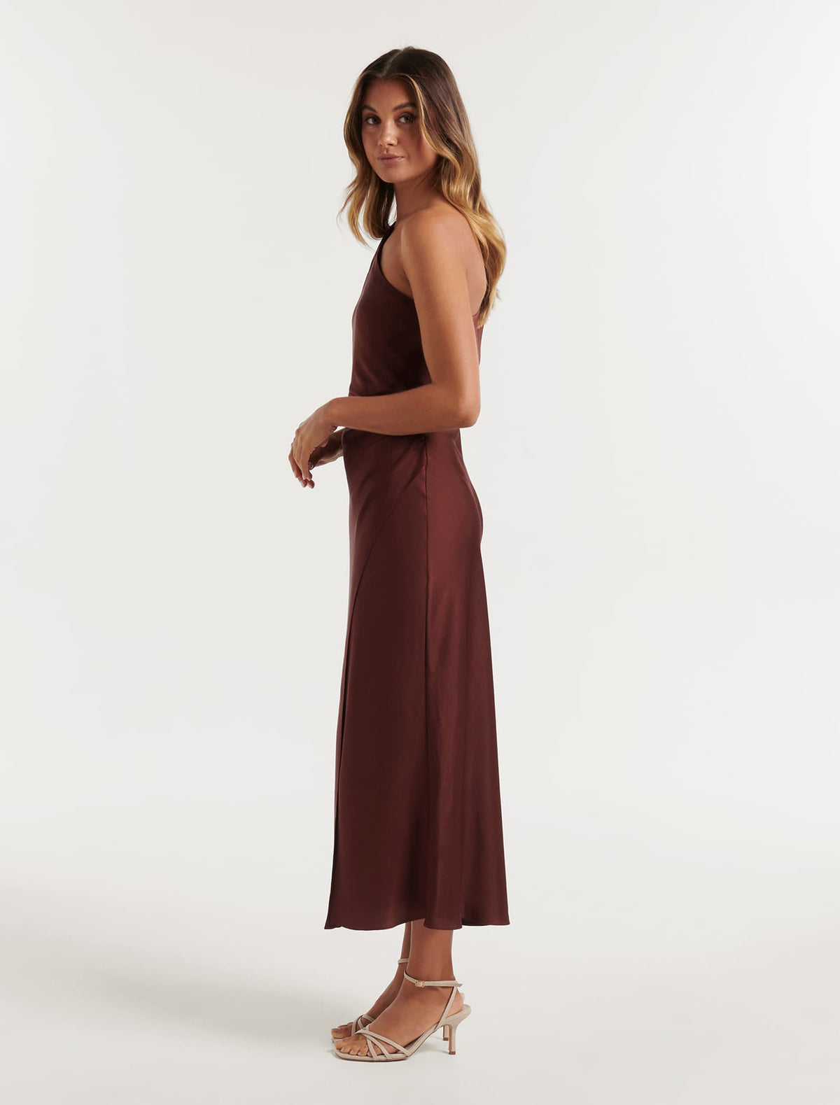 Shawna One Shoulder Satin Midi Dress Conker