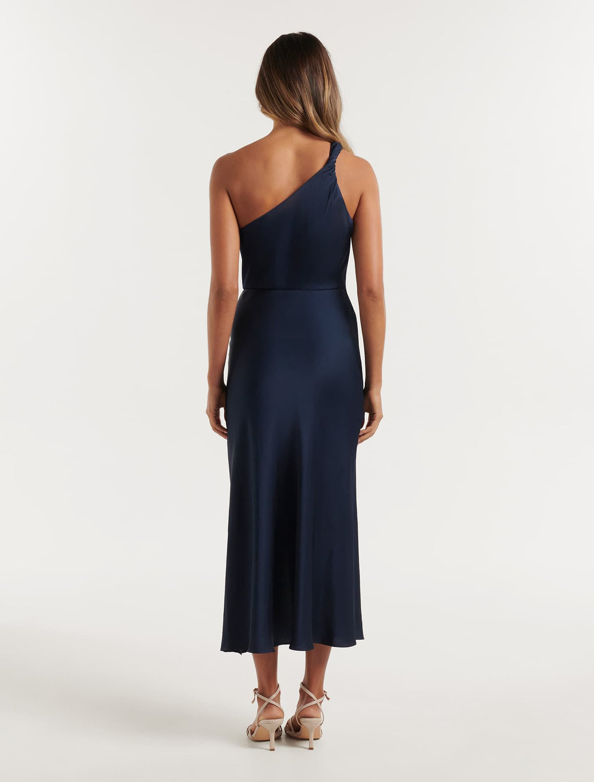 Shawna One Shoulder Satin Midi Dress Navy