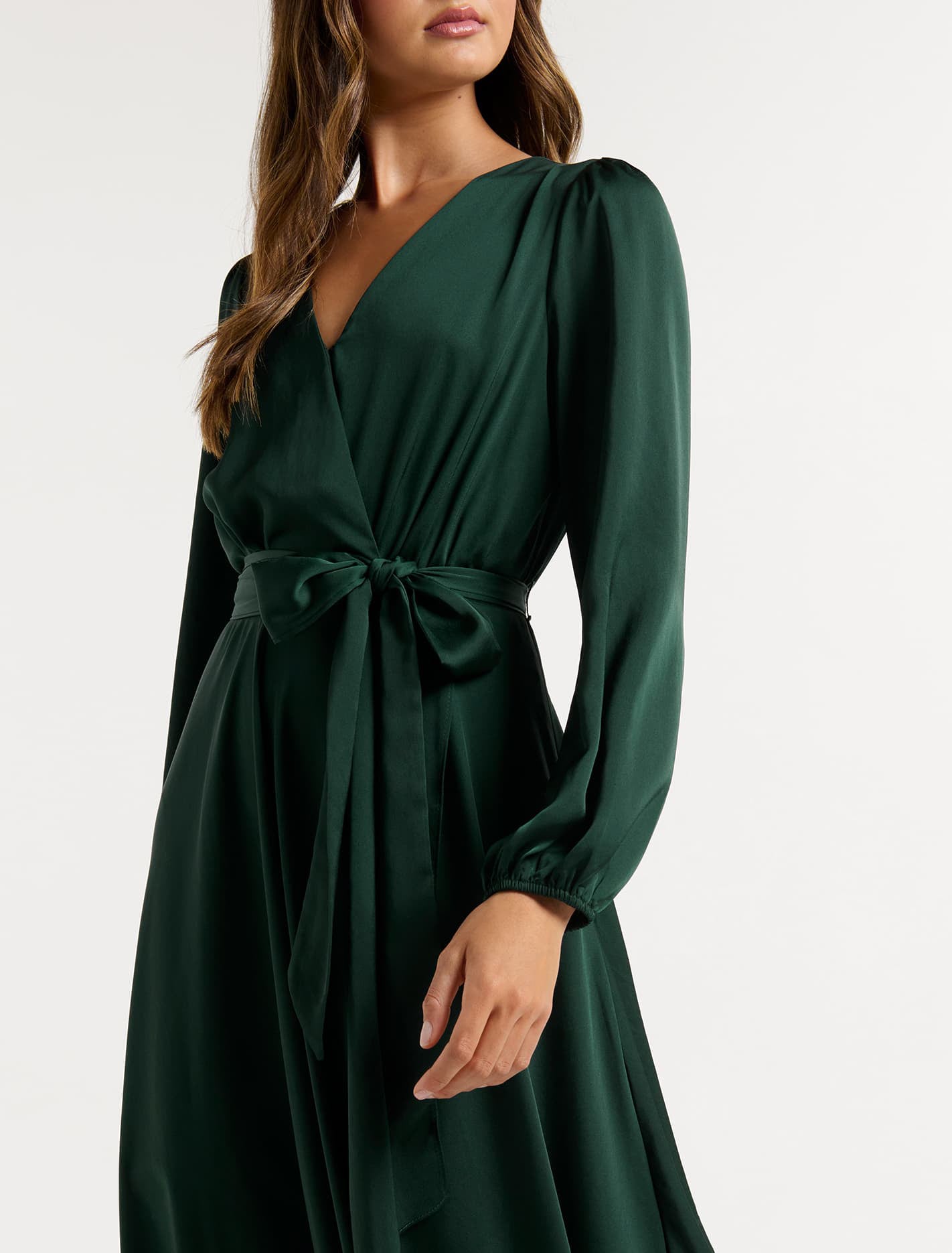 Marilyn Satin Wrap Midi Dress Dark Green