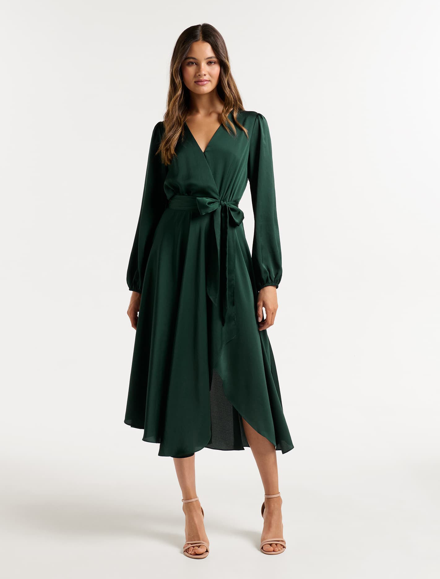 Marilyn Satin Wrap Midi Dress Dark Green