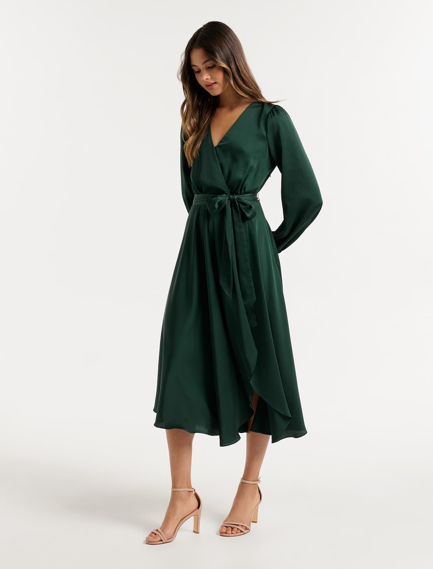 Marilyn Satin Wrap Midi Dress Dark Green