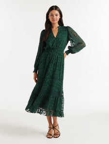 Hillary Embroidered Midi Dress Dark Green
