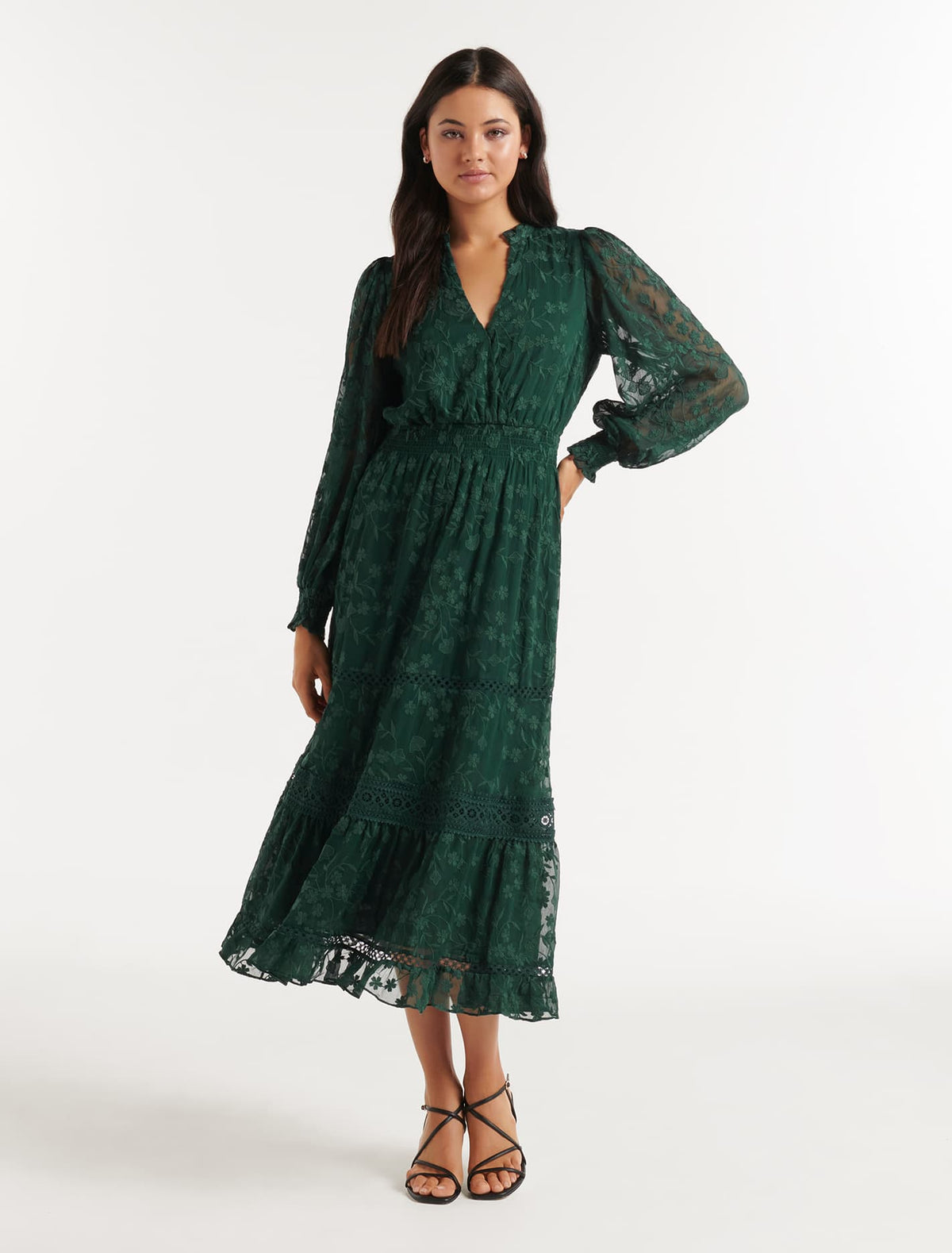 Hillary Embroidered Midi Dress Dark Green